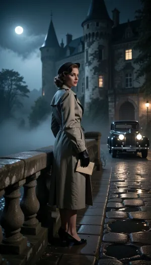 A cinematic, photorealistic 1930s mystery scene of a stylish woman standing on an old stone bridge near an ancient European castle at night. She is in her late twenties or early thirties, elegant and poised, wearing a tailored trench coat or long 1930s coat, gloves, and a small hat or softly waved hair in a period-appropriate style. She stands near the stone railing of the bridge, holding a small envelope or folded letter in one hand, glancing back over her shoulder as if waiting for a secret meeting or sensing that someone is watching her. A vintage 1930s car is parked discreetly near the far end of the bridge or road behind her. The old castle looms in the misty background, partially lit by moonlight or a few dim window lights. The atmosphere is foggy, tense, and elegant, with wet stones, soft pools of lamplight, subtle mist, and the mood of a European noir spy thriller. The image should feel suspenseful, refined, and cinematic, with period authenticity and strong storytelling. Realistic anatomy, realistic hands, period-correct wardrobe, moody lighting, subtle fog, wet stone textures, cinematic noir composition, high detail.