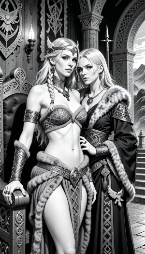 A black and white line drawing depicting, a beautiful adult Æsir princess stands in a magnificent royal hall in Asgard, in a mythic fantasy world inspired by Norse legend and heroic sword-and-sorcery. She is in her mid-twenties, tall, regal and powerful, with light skin, and long light hair braided with rings and small runic ornaments. Her features are noble, elegant and strong, and her expression is calm, proud and self-assured. She wears luxurious Asgardian royal clothing, a finely woven bikini layered with rich wool, linen and fur, fitted but regal, embroidered with knotwork, with heavy arm rings, rings, a broad neck collar and a delicate circlet with subtle raven and sun motifs. One hand rests on the carved arm of a great wooden throne.

Behind and slightly beside her stands her female Æsir sorceress, advisor and lover. She is an equally beautiful adult woman, slightly taller, long light hair, pale eyes and an intense, unreadable expression. She wears layered dark robes, trimmed with fur and embroidered with runes and knotwork, adorned with jewelry, and a carved small talisman shaped like a raven. She stands much closer than a mere advisor should, one hand resting lightly and possessively at the princess’s waist as she leans toward her ear as if whispering private counsel. The princess’s relaxed posture and faint private smile reveal intimacy, trust and conspiracy between them.

The hall is unmistakably Asgardian, towering carved wooden pillars, knotwork beams, braziers, banners, furs, shields and ceremonial spears on the walls, intricate carvings of gods and heroes, wood and stone floors, and distant arches opening toward mountains and a dramatic northern sky.

Render as a black and white line drawing, detailed ink illustration, clean contour lines, elegant hatching and cross-hatching, high detail, no color, no grayscale painting, no painterly shading, classic fantasy illustration feel, crisp linework, strong silhouette, dramatic lighting suggested through line density, full-body composition, princess dominant in the foreground, sorceress intimately behind her, richly detailed costumes, jewelry and architecture, realistic anatomy, refined monochrome fantasy art.