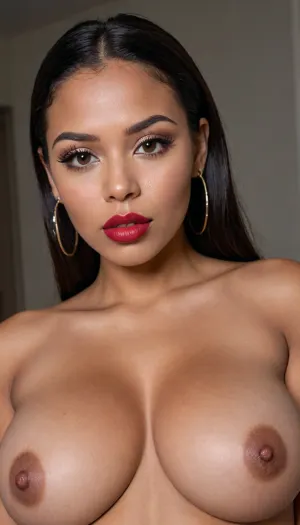 Insanely close up detailed photo of an latin 28-year-old girl, curvy body, latina, black straight hairs, full lips, (((lipstick))), very big eyes, make up, dark skin, (dark skin cinnamon), (nude:1.2), (naked:1.3), (((no clothes))), (((with elastic big breasts))), (((round earrings))), (different poses), (showing her butts), (pussy visible:1.3), sexy, beautiful, tanned, with a perfect face, detailed face, (detailed hair, light hairstyle:1.1), (shiny dark skin body, realistic sweat:1.1), straight hairs, black hairs, earrings, nose earrings, Looking at the camera, in a dark room, lots of details, three-dimensional, epic, clear focus, depth of field, professional lighting, full view, 8k photography, HDR, the picture was taken on Canon EOS R5, 75 mm lens