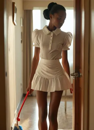 slender tall nigerian woman in short tight maid cloth is cleaning the hotel room, high definition, sun light on her face, microskirt, extremely, short, skirt, the sun light from the window is behind the viewer, no panties, <lora:MicroSkirt_XL:.8>, <lora:Thigh_gap_SDXL:.9>, <lora:MJ52:.8>, but, <lora:BUT_SDXL_SHS:.8>, close up face