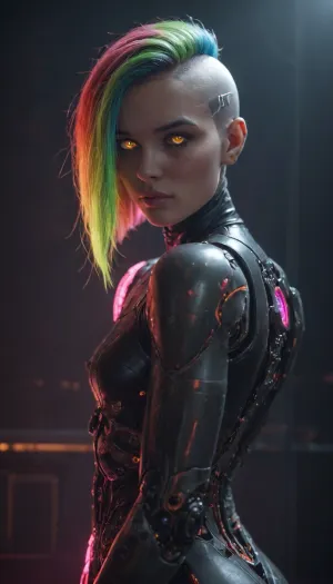 tall, athletic, buxom, (android:1.5), (iridescent robotic skin:1.2), (iridescent robotic body:1.2), (colorful fluorescent buzzcut hair:1.5), (iridescent void eyes:1.3), cyberpunk nightclub dancefloor