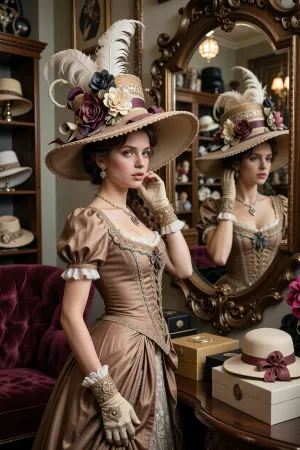 A cinematic, photorealistic scene of an elegant young Victorian woman standing inside a luxurious millinery shop, trying on an enormous ornate hat decorated with feathers, silk flowers, ribbons, and extravagant trim. She is in her late twenties, naturally beautiful, with carefully styled period hair and a refined but slightly doubtful expression, as if asking, “Does the hat look good on me?” She lightly touches the brim of the oversized hat with one hand while studying herself in a large ornate mirror. The hat is stylish but clearly excessive, almost comically grand without becoming silly. She wears a richly detailed Victorian dress with fitted bodice, gloves, and tasteful jewelry. Around her are hat boxes, velvet furnishings, shelves of elegant hats, and warm boutique details. The mood is graceful, lightly humorous, and visually opulent, with the mirror reflection and the oversized hat both central to the composition. Soft flattering indoor lighting, realistic anatomy, realistic hands, believable mirror reflection, authentic Victorian fashion, high detail.