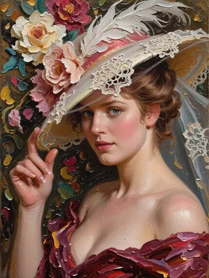 A portrait of a young woman in the style of classical oil painting from the Belle Époque era, (1890–1914), influenced by John Singer Sargent, Giovanni Boldini and Valentin Serov. She has turned her head slightly and is looking directly at the viewer with a lively, slightly questioning gaze, as if asking, ‘Does the hat look good on me?’. Her right hand is gracefully raised, her fingers gently curved and touching the brim of the hat. The hat has a wide brim and is lavishly adorned with fine white openwork lace, a large white feather, artificial flowers and a pink satin ribbon. Her wavy hair is gathered into a high, soft updo. She has fair skin with a delicate blush on her cheeks, expressive eyes and full, pink lips. The dress, a deep burgundy colour, is draped off the shoulders, it is painted with broad, impasto brushstrokes, featuring folds and an open neckline. The background is dark, adorned with large flowers. The painting features a rich oil paint texture, pronounced impasto, and is an academic salon portrait characterised by high detail, a masterpiece of the highest quality.