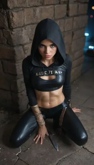 tall, slender, lean, supple, tight clothes, low-rise latex pants, short latex crop top, hooded black cloack, hood up, nuclear blue void eyes, long braided side ponitail, pitch black hair, (ocher skin:1.3), midriff, abs, tribal tatoos, dual dagger wielding assasin, hidding in shadows, darkness, pitch black night, moonless night, shadows, squatting on top of a stone wall, city's rampart, close face view, high angle view