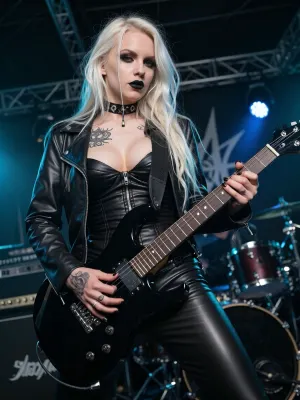 high quality, HD, Polish albino, 32 years old milf, best quality, gothic punk rocker, white messy long hair, black lipstick, tattoos, slim, long hair, black corset, leather jacket and long leather pants, playing black guitar, on punk rock stage