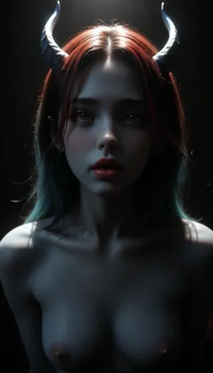(POV above asian girl who is looking up to the viewer:1.5), a hyper realistic ultra detailed photograph of a beautiful devil in a dark bedroom at night, (cute devil with small blue horns and very light green eyes:1.1), (blue skin:1.4), blue hair, long wild hair, perfect face, perfect nose, (full lips:1.4), strictly pose, detailed symmetric beautiful green eyes, detailed gorgeous face, environment, exquisite detail, ((upper body)), ((skinny body, medium height)), front view, long eyelashes, naked, ((exaggerated breasts)), 111cine8matic55, masterpiece, 32k, (Masterpiece), high quality, Volumetric Lighting, backlight, sexy, vibrant, stunningly beautiful, crisp, hyper realistic, sleek, red highlights, red shadows, <lora:dark:.5>