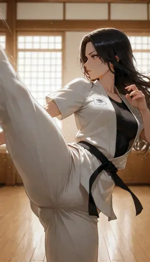 masterpiece, best quality, absurdres, newest, highres, very aesthetic, 1girl, solo, mature female, adult, athletic, toned body, muscular thighs, defined abs, narrow waist, small breasts, long hair, black hair, sharp eyes, determined expression, karate gi, white karate uniform, black belt, short sleeves, open gi jacket, high kick, kicking, side kick, dynamic pose, karate stance, one leg raised high, from side, side view, profile, dynamic angle, dojo, wooden floor, traditional dojo background, detailed background, cinematic lighting, dramatic lighting, rim light, motion blur, intricate details, highly detailed, detailed face, detailed eyes