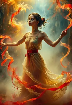 colorful art of crazy female contemporary dance wallpaper. on worn paper, dynamic, gleaming ghostly gold, epically atmospheric fog, red ribbons. /KlTTY-ART/, <lora:COMFYUI_mimic_landscape_-_XL_SDXL v2.0:.6>, <lora:attractive_notrigger:.6>, <lora:MJ52:1>