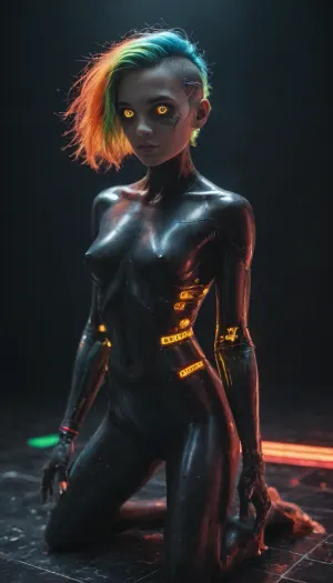 tall, athletic, buxom, (android:1.2), (colorful fluorescent robotic skin:1.2), (colorful fluorescent robotic body:1.2), colorful fluorescent buzzcut hair, (iridescent void eyes:1.3), different metal colors, blue, yelow, orange, green, red, silver, gold, black, purple, white, teal, aquamarine, cyberpunk nightclub dancefloor