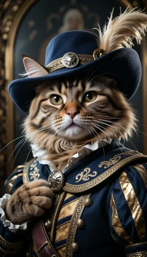 Portrait photographique d'art en plan rapproché, cadré au niveau du buste, capturant principalement le visage et le chapeau d'un chat anthropomorphe se posant la question «Does the hat look good on me?», cliché réalisé en plein format avec un objectif Zeiss 35 mm f/2.0. L'image présente le rendu d'une pellicule Kodak Kodachrome 200 ASA avec un grain authentique, (créant un bruit argentique visible), une plage dynamique étendue et une restitution parfaite des micro-textures. Qualité visuelle ultra-détaillée, netteté absolue au premier plan, bokeh d'arrière-plan d'une grande douceur et résolution 8K.

Portrait serré, (cadrage buste), d'un chat anthropomorphe de race Norvégien, (robe tigrée), — vêtu en mousquetaire. Il arbore un pelage épais et dense, une collerette majestueuse, des yeux ambrés étincelants et est vêtu d'un pourpoint et d'un chat de mousquetaire. Le chat se tient devant un miroir ancien. Son expression est empreinte d'une fierté souveraine — une patte posée sur la poitrine —, il rayonne de satisfaction et d'une vanité royale alors qu'il détourne le regard de son reflet pour nous fixer, semblant demander si le chapeau lui sied.

Le chapeau de mousquetaire est confectionné en laine rigide teintée en bleu royal. La calotte est basse, légèrement aplatie au sommet. Le large bord est spectaculairement relevé d'un côté — ce côté relévé étant fixé à la calotte par une boucle argentée pour dégager le visage du chat — tandis que l'autre côté s'abaisse exagerement en une courbe élégante, percée d'une ouverture laissant passer l'une des oreilles du félin, créant ainsi une asymétrie marquée. Une plume élégante complète l'ensemble. Un soin tout particulier a été apporté à la confection de ce chapeau, qui est un authentique modèle de mousquetaire.

L'éclairage combine une lumière naturelle latérale en contre-plongée — évoquant une fenêtre d'atelier orientée au nord — et la lueur dorée d'une bougie. Ce jeu d'ombres et de lumières sculpte les contours du visage du chat, fait scintiller les dorures au fil d'or et révèle chaque poil avec une clarté optique absolue. Une atmosphère théâtrale, noble et riche en détails.