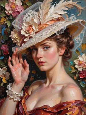 A portrait of a young woman in the style of classical oil painting from the Belle Époque era, (1890–1914), influenced by John Singer Sargent, Giovanni Boldini and Valentin Serov. She has turned her head slightly and is looking directly at the viewer with a lively, slightly questioning gaze, as if asking, ‘Does the hat look good on me?’. Her right hand is gracefully raised, her fingers gently curved as they touch the brim of the hat. The hat has a wide brim and is lavishly adorned with fine white openwork lace, a large white feather, artificial flowers and a pink satin ribbon. Her wavy hair is gathered into a high, soft updo. She has fair skin with a delicate blush on her cheeks, expressive eyes and full, pink lips. The dress, a deep burgundy colour, is draped off the shoulders, it is painted with broad, impasto brushstrokes, featuring folds and an open neckline. The background is dark, adorned with large flowers. The painting features a rich oil paint texture and pronounced impasto, it is an academic salon portrait characterised by a high level of detail – a masterpiece of the highest quality.