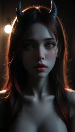 (POV above asian girl who is looking up to the viewer:1.5), a hyper realistic ultra detailed photograph of a beautiful devil in a dark bedroom at night, (cute devil with small blue horns and very light green eyes:1.1), (blue skin:1.4), blue hair, long wild hair, perfect face, perfect nose, (full lips:1.4), strictly pose, detailed symmetric beautiful green eyes, detailed gorgeous face, environment, exquisite detail, ((upper body)), ((skinny body, medium height)), front view, long eyelashes, naked, ((exaggerated breasts)), 111cine8matic55, masterpiece, 32k, (Masterpiece), high quality, Volumetric Lighting, backlight, sexy, vibrant, stunningly beautiful, crisp, hyper realistic, sleek, red highlights, red shadows, <lora:dark:.5>