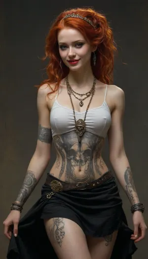 Beautiful warrior maiden, 25 years old, young, redhead, skinny, (tattoos on the body), d&d character, fantasy, in a dress with inscriptions, a necklace made of bones, psychotic, smiling, with intricate details, iridescent, bright colors, trending on artstation, Jean-Baptiste Monge, Michael Garmash, body-oriented art reflecting the style of Aaron Horkey, Jeremy Mann and Luis Royo. composition from a low angle, seductive figure, dark fantasy, dynamic composition, black, white, red lipstick, warm shades made with colorful ink, demonstrate acrylic calligraphy, watercolor techniques organically combined into a masterpiece of maximalism, detailed gouache fluidity, "golden hour" light, hyperrealism, hyperrealistic, hyperdetailed, 64 KB, ultraHDR, cunfront, cunback, cunabove, cunbelow, cunpov, female_pov, ass, head, between, hips