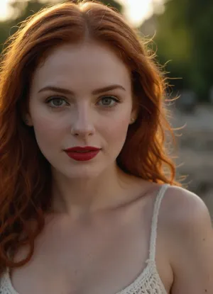 (best quality, award-winning photograph, sharp focus), Crocheted camisole, (wide knit), beautiful face, long hair, seductive face, make-up, red lipstick, redhead hair, perfect body, very large natural breasts, the whole figure is visible, soft smile, cinematic, movie still, hyperdetailed photography, 35mm photograph, film, professional, 4k, highly detailed, Golden hour lighting. Depth of field F2. Rule of Thirds Composition