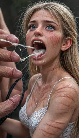(cum explosion from nose:1.64), (cum explosion from mouth:1.85), score_9, score_8_up, score_7_up, side view, 1girl, 1boy, big cock, finger on balls, grabbing cock, licking cock, cock on face, (saliva dripping, sloppy, drool:1.2), in awe, in love, seduced, looking up, high quality eyes, young woman, cute, Super model supergirl, 5 feet 5 inches tall, most beautiful face, light blue eyes, perfect white teeth, long hair, very long hair, blonde hair, girl wearing floral print sundress, sun hat with red flowers, high platform sandals, thighhighs, piercing, nipple piercing, cum, sex toy, used condom, unbuttoned, nipple peek, massive huge cock, veiny cock, massive cock massive flaccid cock, field of colorful flowers, fingering, shaved bpussy, pussy dripping, full body, she is crying, (extreme crying:2.65), (screaming in pain:2.65), (eyes wide open in horror:1.44), (wide mouth spreader:1.5), (pleading expression:1.18), (terrified:1.12), (crying:1.12), UHD 8K, (whip marks:1.68), (whipped tits:1.67), professional photograph shot on kodak, 35mm photo, sharp focus, high budget, cinemascope, 100 mm lens, 1/250 s, f/2.8, ISO 300, (cum on body), (Cum in hair), photorealistic cum, thin runny cum, thick chunky cum bukkake, unwanted bukkake, 4boys, 5boys, 6+boys, multiple black men, Transparent Liquid, gangbang, orgy, penis, cumbath, black_dicks_everywhere, drooling cum, multiple black cock cumming on face, drenched in cum, <lora:LCMTurboMix_Euler_A_fix:2>, <lora:JuggerCineXL2:2>, <lora:detailed_notrigger:2>, <lora:photorealistic_portrait_notrigger:2>