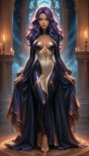 ((reiq style)), Olympia from Pokémon X and Y, the mysterious Psychic-type Gym Leader of Anistar City, full-body character portrait, ((dark-skinned elegant woman with long voluminous curled purple hair)), (((((extremely dark skin))))), striking violet eyes, serene and enigmatic expression, wearing her iconic futuristic silver-and-black outfit with flowing fabric, high collar, metallic details and celestial star motifs, dramatic cosmic Psychic energy surrounding her, glowing violet psychic aura, floating fragments of starlight and geometric symbols, subtle galaxy and nebula background, elegant regal posture, mystical fortune-teller atmosphere, otherworldly Anistar City aesthetic, sophisticated character design, intricate clothing details, polished anime-inspired illustration, dynamic flowing fabric, cinematic lighting, luminous purple and blue highlights, highly detailed, sharp focus, beautiful composition, official Pokémon character artwork feeling, fantasy sci-fi atmosphere, full body, 3/4 view.