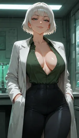 masterpiece, best quality, absurdres, newest, highres, very aesthetic, 1girl, solo, mature female, adult, genderbend, rick sanchez, (rick and morty), female rick, nsfw, messy spiky white hair, short hair, gray hair, white hair, thick eyebrows, sharp face, wrinkled face, cynical expression, blue eyes, beautiful detailed eyes, medium breasts, narrow waist, thick thighs, slender, tall, white lab coat, open coat, green shirt, unbuttoned shirt, black pants, standing, looking at viewer, smirk, hands in pockets, laboratory, science lab, detailed background, soft lighting, cinematic lighting, detailed face, intricate details, highly detailed