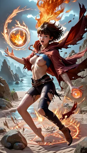 1girl, Japanese model of 31 years old, beautiful extacy face, witch charactor, pink nipples, slim legs, string bikini, (She was attacked by magic from another witch and her clothes is tattered torn:1.2), (her clothes jagged and ripped), (skin peeks through the gaps in the torn clothing:1.5), flying using magical power while riding a big magic circle, looking her breast of C-cups, very short brown pixie hair with bangs, battlefield of magic fantasy world, duel, magical, fire, magic, spell, fireball, element, water, ball, orb, air, wind, earth, rock, plant, sand, <lora:tornclothesv6-8:2>, <lora:ClearHand-V2:.9>, <lora:Wizards__Mages:1.4>, <lora:Magical duel - SDXL v2.0:.4>