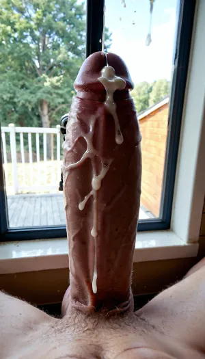 POV outside the window looking in. From a distance. White man facing forward and out of the window. He has a huge cock. He is masturbating. Full body view. He is unaware he is being watched. His penis is exploding with cum. His ejaculate splashes the window. window, voyeur, <lora:Window_voyeur:1.6>