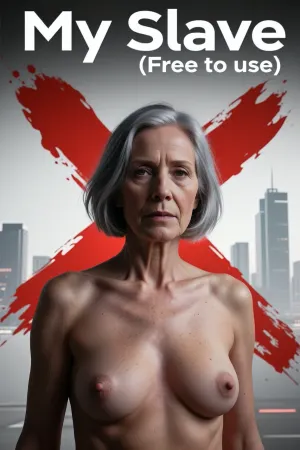 A cinematic sci-fi fantasy artwork, (an aged woman, 70 years old, Her skin is that of a 70-year-old woman. The old lady has grey, Small, long, and very saggy breasts, ((very detailed skin)), . Hair cut in a bob, (sharp focus on facial features. Background features a large, artistic red brushstroke "X" symbol, faint silhouette of a modern city skyline, high-contrast composition, minimalist aesthetic. Modern typography at the top reading "My Slave " and "Free to use", clean white font, graphic design layout, party flyer style, high resolution, 8k, cinematic lighting, professional post-production.))