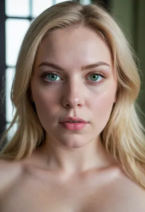 woman, blonde thick straight hair, green eyes, pale skin, bbw, small saggy breasts, no makeup, narrow eyes, defined wide jaw, thin lips