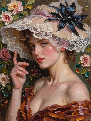 A portrait of a young woman in the style of classical oil painting from the Belle Époque era, (1890–1914), influenced by John Singer Sargent, Giovanni Boldini and Valentin Serov. She has turned her head slightly and is looking directly at the viewer with a lively, slightly questioning gaze, as if asking, ‘Does the hat look good on me?’. Her right hand is gracefully raised, her fingers gently curved as they touch the brim of the hat. The hat has a wide brim and is lavishly adorned with fine white openwork lace, a large white feather, artificial flowers and a pink satin ribbon. Her wavy hair is gathered into a high, soft updo. She has fair skin with a delicate blush on her cheeks, expressive eyes and full, pink lips. The dress, a deep burgundy colour, is draped off the shoulders, it is painted with broad, impasto brushstrokes, featuring folds and an open neckline. The background is dark, adorned with large flowers. The painting features a rich oil paint texture and pronounced impasto, it is an academic salon portrait characterised by a high level of detail – a masterpiece of the highest quality.