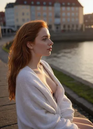 Front side view of a 25yo Scandinavian woman, a spring morning, morning warm sunrise light, she is sitting near a boardwalk by the harbor in a city canal, leaning against a low stony wall, (facing the water front), 5 story old-city buildings in the background, a few cars passing by in the background, a blanket covering her partly, secretly mastubating, secretly fingering herself, fantasizing about her lover, wearing white iPhone earplugs, a loose sweater with big neck revealing the top of her chest, redhead hair in a makeshift hold with a plastic barrette hair clip, morning messy hair, a bag beside her and a folded towel and a folded swimsuit, big nose in profile, full lips, slightly chubby, skirt