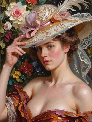 A portrait of a young woman in the style of classical oil painting from the Belle Époque era, (1890–1914), influenced by John Singer Sargent, Giovanni Boldini and Valentin Serov. She has turned her head slightly and is looking directly at the viewer with a lively, slightly questioning gaze, as if asking, ‘Does the hat look good on me?’. Her right hand is gracefully raised, her fingers gently curved as they touch the brim of the hat. The hat has a wide brim and is lavishly adorned with fine white openwork lace, a large white feather, artificial flowers and a pink satin ribbon. Her wavy hair is gathered into a high, soft updo. She has fair skin with a delicate blush on her cheeks, expressive eyes and full, pink lips. The dress, a deep burgundy colour, is draped off the shoulders, it is painted with broad, impasto brushstrokes, featuring folds and an open neckline. The background is dark, adorned with large flowers. The painting features a rich oil paint texture and pronounced impasto, it is an academic salon portrait characterised by a high level of detail – a masterpiece of the highest quality.