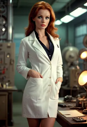 1960s Sexy redhead rocket scientist in a James Bond movie, lab coat, cardigan, pencil skirt, cleavage, sexy legs, huge breasts, <lora:MJ52:.8>