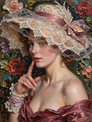 A portrait of a young woman in the style of classical oil painting from the ‘Belle Époque’, (1890–1914), painted under the influence of the works of John Singer Sargent, Giovanni Boldini and Valentin Serov. She has turned her head slightly and is looking directly at the viewer with a lively, slightly questioning gaze, as if asking, ‘Does this hat suit me?’. Her right hand is gracefully raised, her fingers slightly bent and touching the brim of the hat. The wide-brimmed hat is richly adorned with delicate white openwork lace, a large white feather, artificial flowers and a pink satin ribbon. Her wavy hair is gathered into a high, soft updo. She has fair skin with a delicate blush on her cheeks, expressive eyes and full, pink lips. Her deep burgundy dress falls from her shoulders, it is painted with broad impasto brushstrokes, featuring defined folds and an open neckline. The background is dark, adorned with large flowers. The painting is distinguished by the rich texture of the oil paint and pronounced impasto, it is an academic salon portrait characterised by a high level of detail — a masterpiece of the highest quality.