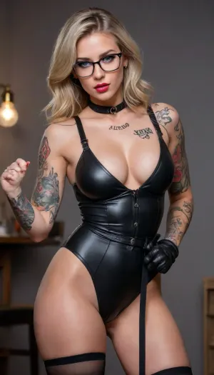 (Sexy Sweet Tempting Woman), Professional sexy seduction modelposes, supermodel, perfect lighting, ultra realistic, 8k resolution, ultra detailed, instagram model, professional photography, night, dim lighting, ((Sexy Police)), luxurious ash blond hair, Blue eyes, Sexy lips, ((Sexy Police uniform)), (Black chain garter belt, stockings), rounded glasses, (Sexy tattoo:1.4), pale skin, natural big round breasts, nordic, flirty, bashful, seductive, lusty, playful, Healthy slim body, Tall, very long legs, hourglass figure, Sweet face, perfect face, lifelike face, real face, very beautiful face, detailed face