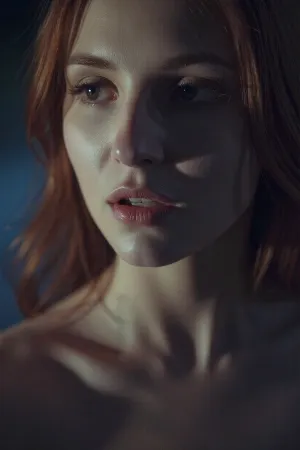 A muted, low-contrast intimate portrait in a very dimly lit, moody night setting with all lights off. The scene is lit only by a very soft, underexposed, diffused ambient light source. The woman's sultry features are defined by subtle, soft-focus shadows. The image has a heavy film grain, and the colors are desaturated and washed out. Her red hair is soft and loose. The overall feel is quiet, intimate, and moody.