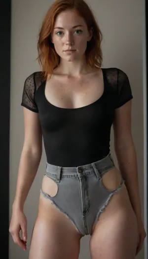 Well-built 33 years old German milf, solo, fully nude, naked, ((glistening oiled skin:1.1)), ((shag cut auburn hair:1.3)), slim nose, ((small perky breasts:1.1)), ((flat-chested:.5)), ((very small pale areola:1)), ((very perky nipples:.1)), ((plump meaty pussy)), ((pussy with prominent clit and long hanging labia minora)), ((firm tight round ass)), ((delicate pearl pendant loosely hanging between her breasts:1.2)), ((sheer short-sleeve black cotton cami bodysuit:1.5)), ((loose-fitting grey denim shorts:1.5)), ((black thong)), ((wireframe glasses with large lenses:.2)), perfect body, ((sexy face:1.4)), round face, toned abdomen, ((toned back:1)), ((freckles:1.5)), ((skin moles:1.4)), ((leaning at an angle, shoulders against a bare black wall looking at viewer:1.5)), ((hands are pushing down her shorts:1.5)), ((professional photography studio)), shadows on her, ((full frontal view:.1)), ((best 1/2 view:1.5)), hard shadows, professional photo, erotic centerfold photo, hyper realistic photo, full hd, 8K