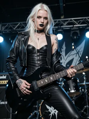 high quality, HD, Polish albino, 32 years old milf, best quality, gothic punk rocker, white messy long hair, black lipstick, tattoos, slim, long hair, black corset, leather jacket and long leather pants, playing black guitar, on punk rock stage