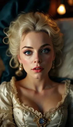 Marie Antoinette masterbation, masterbating, makeup, beautiful detailed eyes, depth blur, key visual, vibrant, highly detailed, lying on a bed, (((at night, in the dark))), (((viewed from overhead))), torchlit, <lora:bombshell_v2:1.6>, <lora:MJ52:.1>