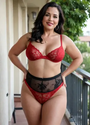 Mature housewife, (ugly), sexy 55-year-old, black hair, dark skin, tall, long hair, very glamorous, large hoop earrings, necklace, very wide hips, thick thighs, loose culottes, very plump and curvy, thick legs, large, sagging breasts, on the balcony, selfie, full-body shot, looking at the camera, sexy, cheeky smile, sexy heeled mules, close-up of the mules, charming, very hot and sexy, sexy red and black high-waisted lingerie, showing her front view from the side, legs with cellulite, rear view, cheekily showing just one bare breast