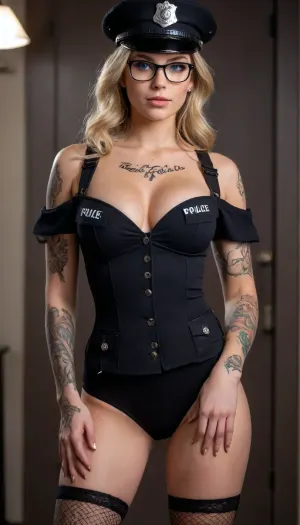 (Sexy Sweet Tempting Woman), Professional sexy seduction modelposes, supermodel, perfect lighting, ultra realistic, 8k resolution, ultra detailed, instagram model, professional photography, night, dim lighting, ((Sexy Police)), luxurious ash blond hair, Blue eyes, Sexy lips, ((Sexy Police uniform)), (chain, Black stockings), rounded glasses, (Sexy tattoo:1.4), pale skin, natural big round breasts, nordic, flirty, bashful, seductive, lusty, playful, Healthy slim body, Tall, very long legs, hourglass figure, Sweet face, perfect face, lifelike face, real face, very beautiful face, detailed face