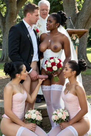 The ultra black skin afro bride and white skin groom stand facing each other before an elderly priest. before the groom two afro ultra black skin bridesmaids are kneeling down, with realistic shot of white cum on their face and boobs. The priest stands behind a small, festively decorated lectern. The uktra black skin bride lovingly touches the groom's erect penis. The groom lovingly touches the bride's vagina., (The beautiful, slender, naked bride wears her dark hair in an elaborate, professional updo, she is wearing white nylon stockings, an intricately embroidered white open-bust corset, and a silver necklace with a small silver heart-shaped pendant. The bride's vagina is perfectly shaved, not a single hair or bit of stubble is visible. Her breasts are big and natural but firm. The bride looks happy, it is evident that this is the most beautiful day of her life. The ultra black skin bride holds a bridal bouquet in front of her body with both hands, the bouquet consists of red and white roses.), (The naked groom has an erect penis and is wearing only a black tailcoat and a white button-up shirt. short brown hair with a side part. The groom gazes lovingly at his bride.), (The bridesmaids also have their hair in updos, both are wearing pastel pink nylon stockings and pastel pink open-bust corsets. The bridesmaids' vaginas are also perfectly shaved. They are happy and delighted for the bride. The bridesmaids also each hold a small bouquet in front of their bodies with both hands, the bridal bouquet consists of white and pastel pink flowers.), A sunny summer day in the garden, in the background, several large, old trees providing shade are visible. However, the women are in full sunlight.