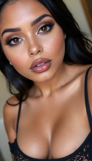 (1woman), 28 years old, ((curvy body)), Close-up girl, latin woman, ((round face)), (((brown skin))), (((full lips))), closed mouth, grey lipstick, small cute nose, standing, face, (((round medium breasts))), (hourglass figure), (((flat long black hair))), (((oiled skin))), (detailed black eyes), (((slut makeup))), long big thick, (high resolution image), (perfect face), sexy, beauty, (ultra realistic:1.5), (maximum quality:1.5), (high resolution:1.5), (extreme detail:1.5), (ultra realism:1.5), (maximum detailed skin:1.5), (((I was offended))), melanin, <lora:BUT_SDXL_SHS:.8>, <lora:melanin-XL:2>