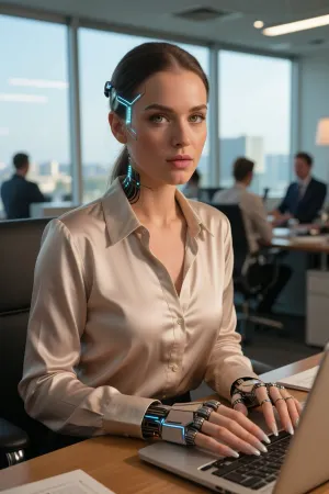 The near future. A beautiful, young, cyber-enhanced woman sits at a light wooden table in a modern open-concept office with huge panoramic windows. Outside the windows is a blurred daytime cityscape with tall buildings. Her hair is neatly pulled back into a low ponytail, she has smooth skin, expressive eyes, and a calm, slightly distant gaze. On her right temple is a thin, blue-glowing cybernetic implant, black implants with blue backlighting are visible on her neck. Her hands have been replaced with cybernetic prostheses, a white casing with glowing blue lines and metal segments, her fingers remain human to preserve her sense of touch. She is wearing a light-colored silk blouse with long sleeves and buttons, the fabric has a soft sheen. Both hands rest on the keyboard of an open silver laptop. Documents lie on the table nearby. In the soft background, several colleagues in business attire are seated at their desks. Bright, natural daylight streams in through the windows, the clean, modern office interior is rendered with high detail and photorealism.