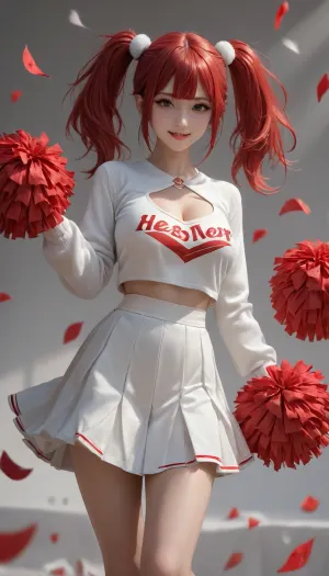 Sexy 18-year-old cheerleader, red and white pom-poms, large breast, cleavage, white sweater with a red letter, white skirt with red fringe, long legs, smiling, red hair, dual ponytails.