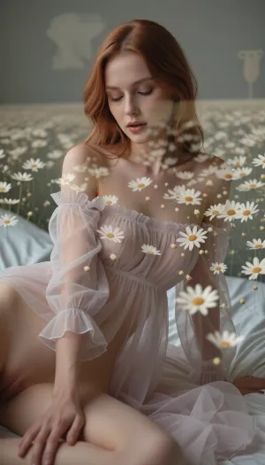 (experimental avant-garde photography with emphasis on underexposed lighting, soft shadows, and muted colors for a hazy dreamlike aesthetic:4), (double-exposed surreal portrait of an elegant woman in a sensual bedroom scene against a field flowers), (soft red hair), (chiffon and tulle), (soft focus layered composition, underexposed, subtle vignette, minimal soft flattering lighting)