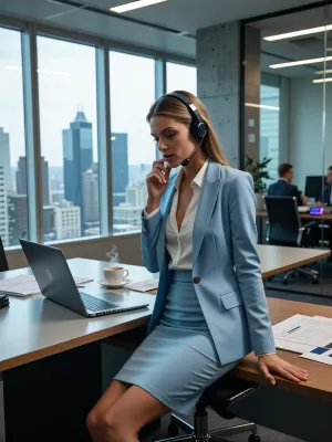 A stunning, hyper-detailed editorial photograph capturing a stylish and intensely confident businesswoman seated at her sleek, modern desk. She is impeccably dressed in an elegant, powder blue tailored skirt suit, white blouse with a few buttons undone, her posture radiating precision and unwavering determination. She wears a telephone headset, multitasking between the screen and her conversation. Her gaze is sharply focused downward onto her open laptop screen, while a steaming cup of coffee rests beside scattered, organised documents, symbolising dedication amidst the flow of work.

The setting is a breathtakingly bright, ultra-modern corporate office space, dominated by massive, panoramic floor-to-ceiling windows that frame a vibrant cityscape under clear daylight. The office design features clean lines, polished concrete, and warm wood accents, establishing an atmosphere of sophisticated productivity. Subtle visual cues of surrounding business activity—blurred figures moving in distant meeting rooms, the faint glow of keyboard lights—create a palpable sense of energetic teamwork around her central focus.

Rendered with cinematic lighting, utilizing high dynamic range to balance the bright window light with the intimate focus on the woman, this image should evoke a feeling of powerful, contemporary success. The overall aesthetic should be sharp, polished, and aspirational, akin to a high-end architectural or business magazine spread. Shot with an 85mm lens, shallow depth of field, hyperrealism, volumetric lighting, Hasselblad medium format quality.