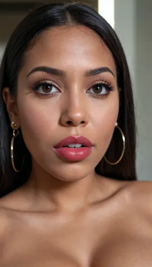 Insanely close up detailed photo of an latin 28-year-old girl, curvy body, latina, black straight hairs, full lips, (((lipstick))), very very big eyes, make up, dark skin, (dark skin cinnamon), (nude:1.2), (naked:1.3), (((no clothes))), (((with elastic big breasts))), (((earrings))), (different poses), (pussy visible:1.3), sexy, beautiful, tanned, with a perfect face, detailed face, (detailed hair, light hairstyle:1.1), (shiny dark skin body, realistic sweat:1.1), straight hairs, black hairs, earrings, nose earrings, Looking at the camera, in a dark room, lots of details, three-dimensional, epic, clear focus, depth of field, professional lighting, full view, 8k photography, HDR, the picture was taken on Canon EOS R5, 75 mm lens
