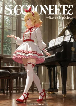 (Highly detailed face:1.5), profile, (pink:1.5), (Someone who looks like Momoka Sakurai from U149:1.5), Momoka Sakurai, (The iDOLM@STER, Shiny Colors\), (Retro curled blonde hair:1.2), short hair, extravagant floral headdress, (Momoka Sakurai's ruffled headband:1.2), beautiful green eyes, dress, closed mouth, bow, thighhighs, ribbon, standing, full body, multicolored hair, shoes, hair ribbon, frills, parted lips, artist name, white dress, english text, white thighhighs, character name, high heels, red ribbon, thigh strap, gradient hair, zettai ryouiki, copyright name, frilled dress, puffy long sleeves, cover, building, instrument, musical note, walking, eighth note, beamed eighth notes, musical note hair ornament, piano, title, grand piano, sheet music, shiny skin, oiled skin, dynamic pose, dynamic view, bending back, detailed artwork, clean composition, vibrant colors, featuring high-resolution textures and sharp details.perfecteyes, <lora:荻pote_XL:1.4>, <lora:sakuraimomoka_animagine_v1:1.4>, <lora:LCMTurboMix_Euler_A_fix:.5>, <lora:PerfectEyesXL:.8>