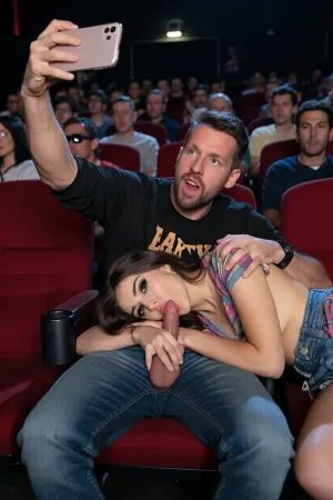score_9, score_8_up, score_7_up, absurd_res, hi_res, (big man wearing casual clothes sitting on chair in a crowded movie_theater, voluptuous model girl with vivid black eyes sitting on the next chair:1.9), the man is selfie filming with the celular the girl during the blowjob. The man is pointing to the blowjob on the selfie and he is doing a misogyny face humiliating the girl. the girl is wearing regular party outfit, the big man roughly pushes the 25 years old girl's head on his penis. the girl is resting her head on to the man's lap on a perfect blowjob, she is concentrate on the blowjob, stealth_sex, stealth blowjob sex, hidden blowjob sex, secret blowjob sex, party shirt, the girl's looks shy, pleasuring, exhausted, rolling_eyes, the girl is sucking his dick trying to not get discovered, detailed face, intricate details, hyperdetailed, very aesthetic, motion_lines