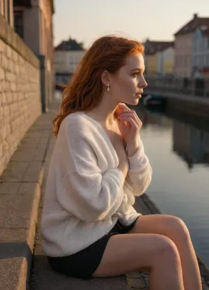 Front side view of a 25yo Scandinavian woman, a spring morning, morning warm sunrise light, she is sitting near a boardwalk by the harbor in a city canal, leaning against a low stony wall, (facing the water front), 5 story old-city buildings in the background, a few cars passing by in the background, a blanket covering her partly, secretly mastubating, secretly fingering herself, fantasizing about her lover, wearing white iPhone earplugs, a loose sweater with big neck revealing the top of her chest, redhead hair in a makeshift hold with a plastic barrette hair clip, morning messy hair, a bag beside her and a folded towel and a folded swimsuit, big nose in profile, full lips, slightly chubby, skirt