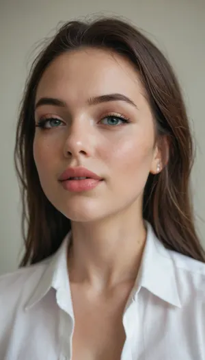 UHD 8K, Portait of a stunning gorgeous milf, extremely beautiful pretty face, heavy professional makeup, (perfect beauty:1.8), perfect lips, view from the front, big heavy tits, licking lips with tip of the tongue