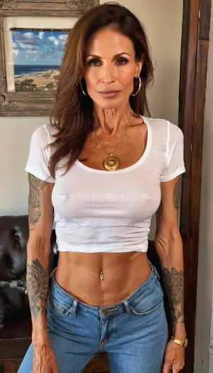 lazy eye, fake round tits cleavage, thigh gap, white sheer tshirt and blue jeans, ((old, 50yo)), handcuffed, gold hoop earrings, nose ring, tattoos, sexy neck, ((old brown hair mom woman)), (tan skin), (skinny muscle), (beautiful Mexican instagram model face), (fit body), very beautiful, perfect skinny body, perfect face, looking at the camera, perfect eyes, (skinny fit), pretty, snub-nosed, long hair, 4ng3l, face, <lora:clothed_small:1.8>, <lora:SDXL_BetterFaces-LoRA_v1:.8>, braless, Wearing, clothes, that, make, sense, with, Braless>, <lora:bralessSDXL_v1_00022:.8>