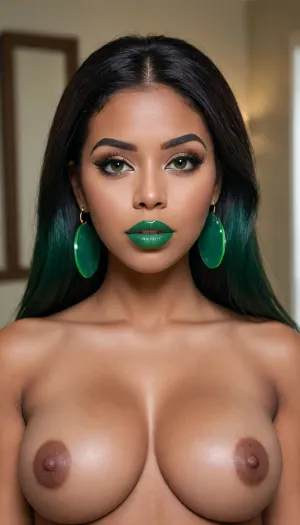 Full-portrait photo of an latin 28-year-old girl, curvy body, latina, black straight hairs, full lips, (((green lipstick))), very big eyes, make up, ((dark skin)), (dark skin cinnamon), (nude:1.2), (naked:1.3), (((no clothes))), (((with elastic big breasts))), (((green nipples))), (((green eye shadow))), (((green bubble earrings))), (pussy visible:1.3), sexy, beautiful, tanned, with a perfect face, detailed face, (detailed hair, light hairstyle:1.1), (shiny dark skin body, realistic sweat:1.1), straight hairs, black hairs, earrings, nose earrings, Looking at the camera, in a modern room, lots of details, three-dimensional, epic, clear focus, depth of field, professional lighting, full view, 8k photography, HDR, the picture was taken on Canon EOS R5, 75 mm lens